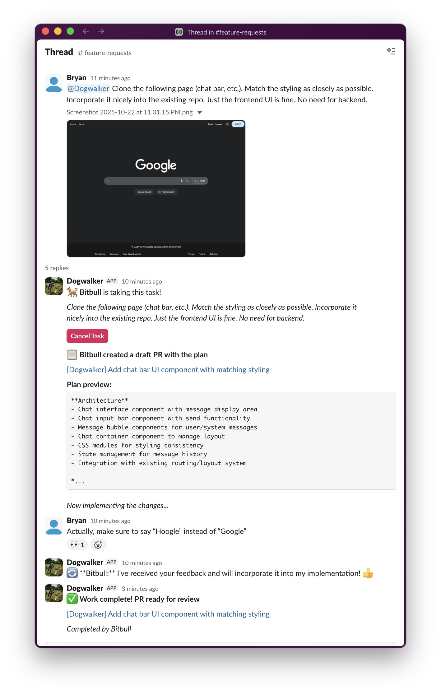 Real Slack thread showing Dogwalker in action
